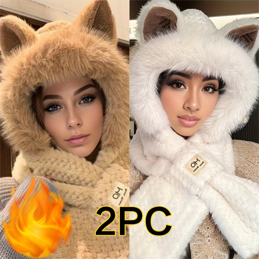 Hats & Scarves - Hooded Scarf Hat Set 2 Pack Plush Cartoon Ear Warm Winter Hat Windproof - main product view