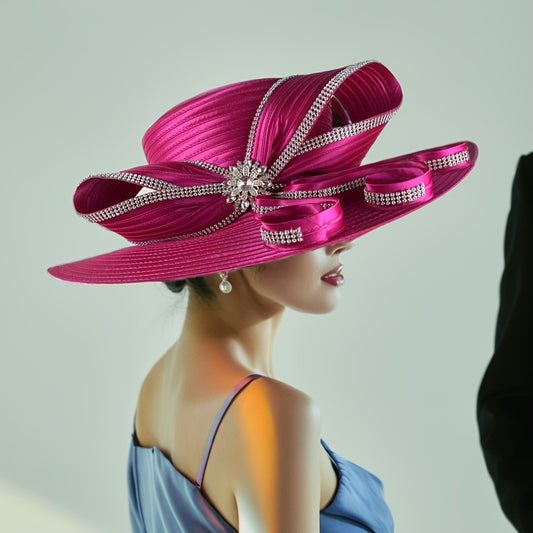 Hats - Wide Brim Ladies Church Hat - Rhinestone Decorated Elegant Women - main product view