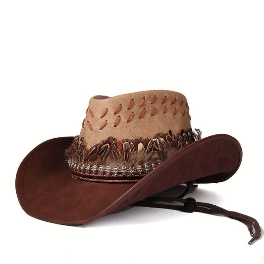 Hats - Wide Brim Western Cowboy Hat PU Leather Feather Skull Decor Lightweight - main product view