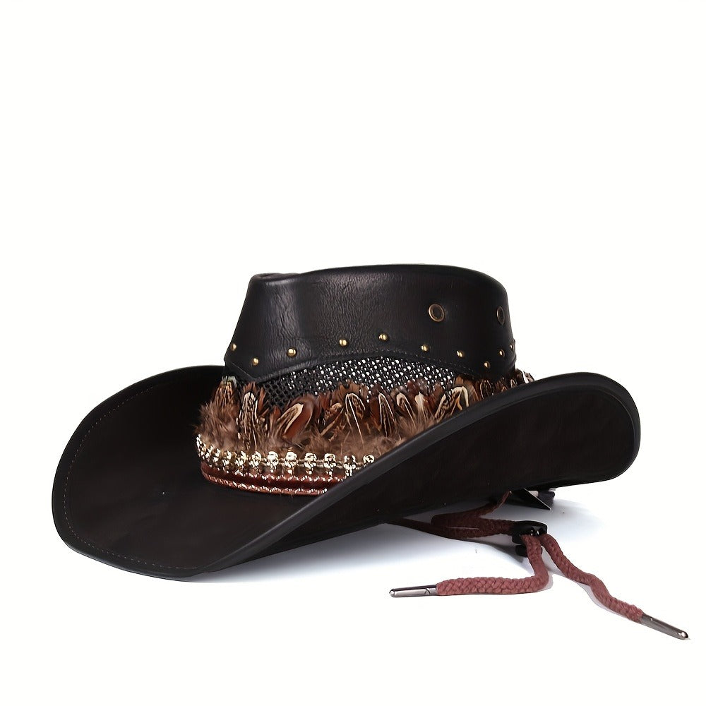 Hats - Wide Brim Western Cowboy Hat PU Leather Feather Skull Decor Lightweight - product detail view 2