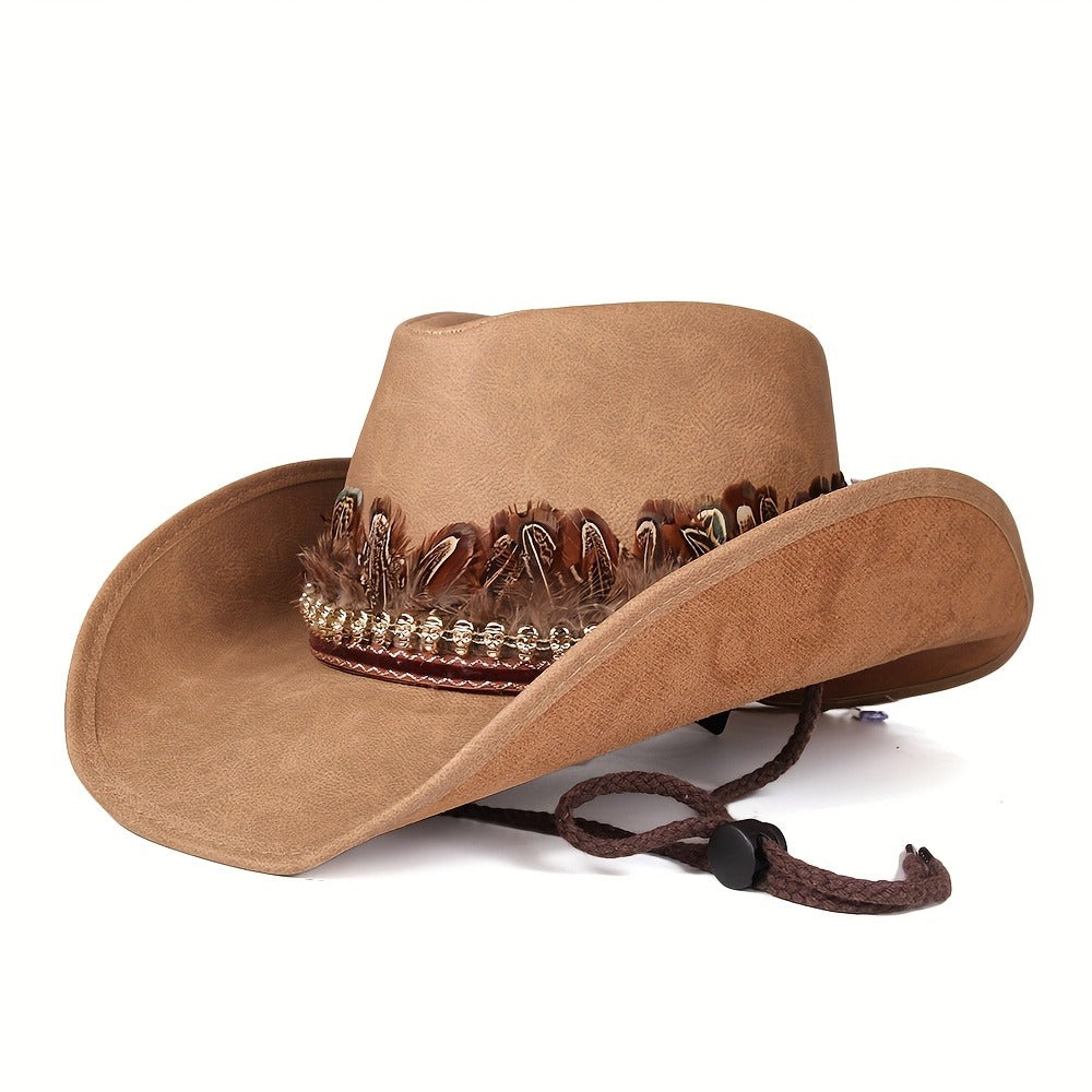 Hats - Wide Brim Western Cowboy Hat PU Leather Feather Skull Decor Lightweight - product detail view 3