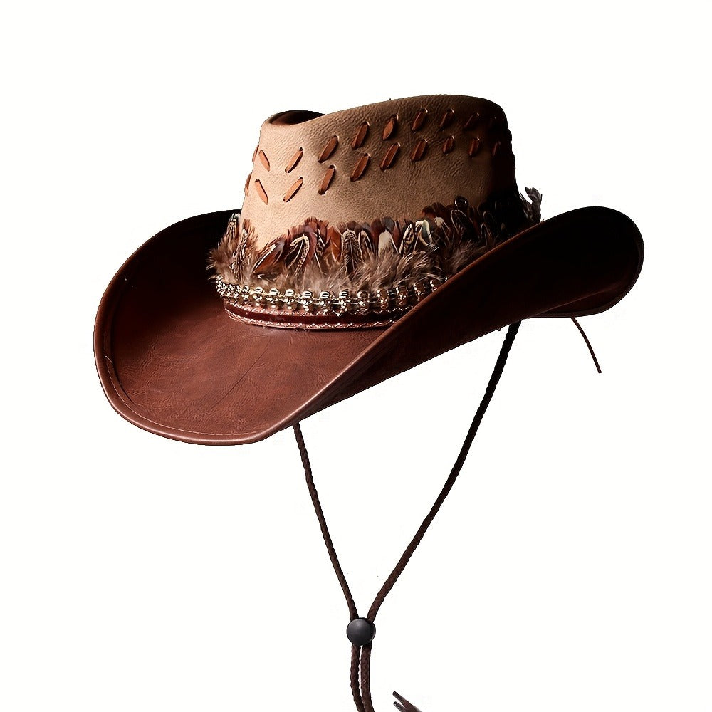 Hats - Wide Brim Western Cowboy Hat PU Leather Feather Skull Decor Lightweight - product detail view 4