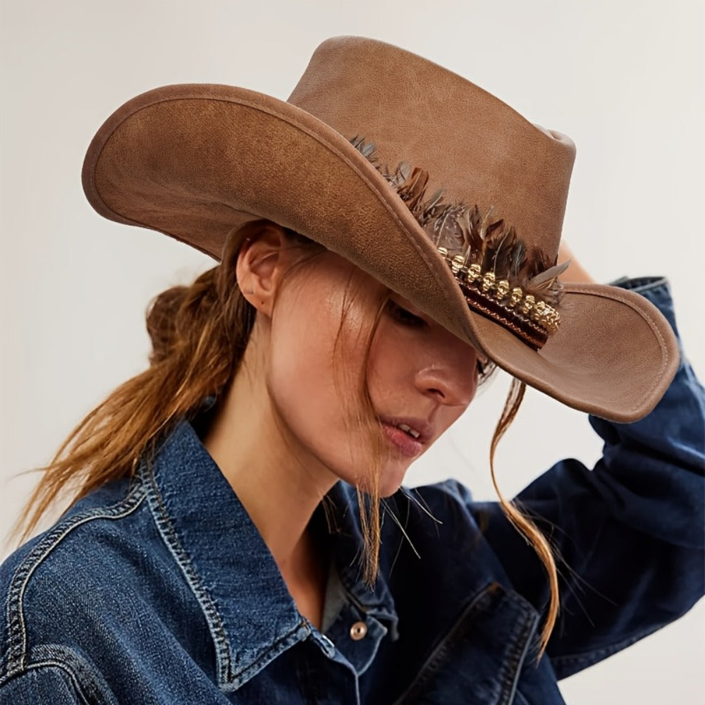 Hats - Wide Brim Western Cowboy Hat PU Leather Feather Skull Decor Lightweight - product detail view 5