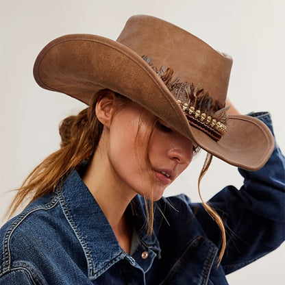 Hats - Wide Brim Western Cowboy Hat PU Leather Feather Skull Decor Lightweight - product detail view 5