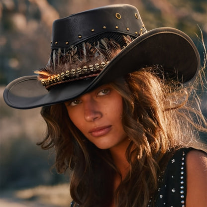 Hats - Wide Brim Western Cowboy Hat PU Leather Feather Skull Decor Lightweight - product detail view 7