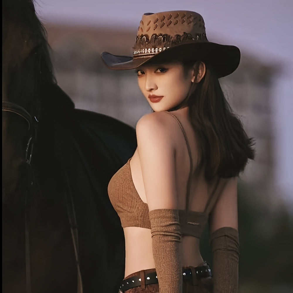 Hats - Wide Brim Western Cowboy Hat PU Leather Feather Skull Decor Lightweight - product detail view 8