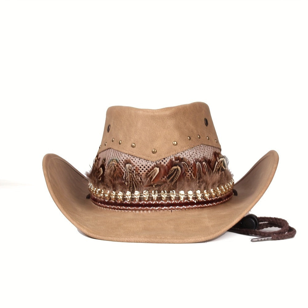 Hats - Wide Brim Western Cowboy Hat PU Leather Feather Skull Decor Lightweight - product detail view 10