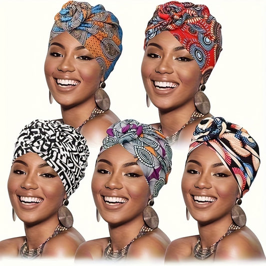 Head Wraps & Turbans - African Wrap for Women 5pcs Pre-Knotted Turban Bohemian Multicolor Knot - main product view