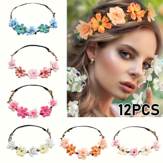Headband for Women - Boho Floral Crown 12pcs - Adjustable Tiara Set for - Bohemian Bridal - main product view