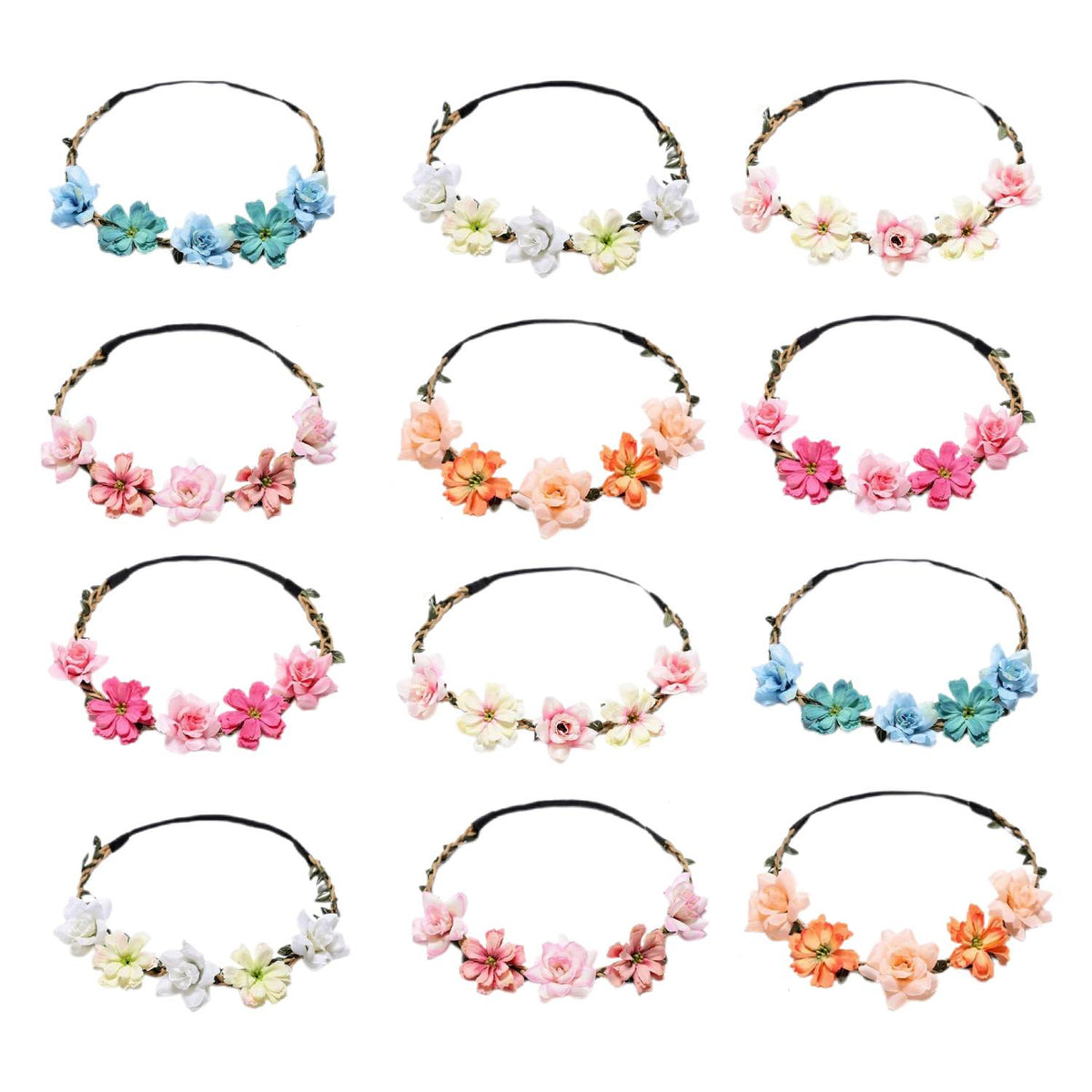 Headband for Women - Boho Floral Crown 12pcs - Adjustable Tiara Set for - Bohemian Bridal - product detail view 12