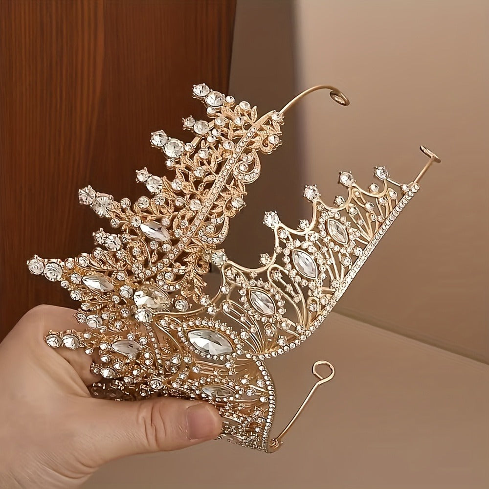 Headband for Women - Bridal Hair Jewelry Set 2 Pcs Gold Alloy for Baroque Luxury Hollow Crown - product detail view 3
