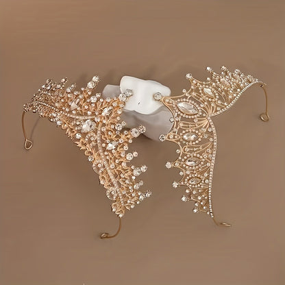 Headband for Women - Bridal Hair Jewelry Set 2 Pcs Gold Alloy for Baroque Luxury Hollow Crown - product detail view 5