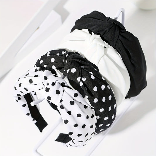Headband for Women - Knotted for 4 Pack Wide Brimmed Polka Dot Hair Bands, Black & White Retro - main product view