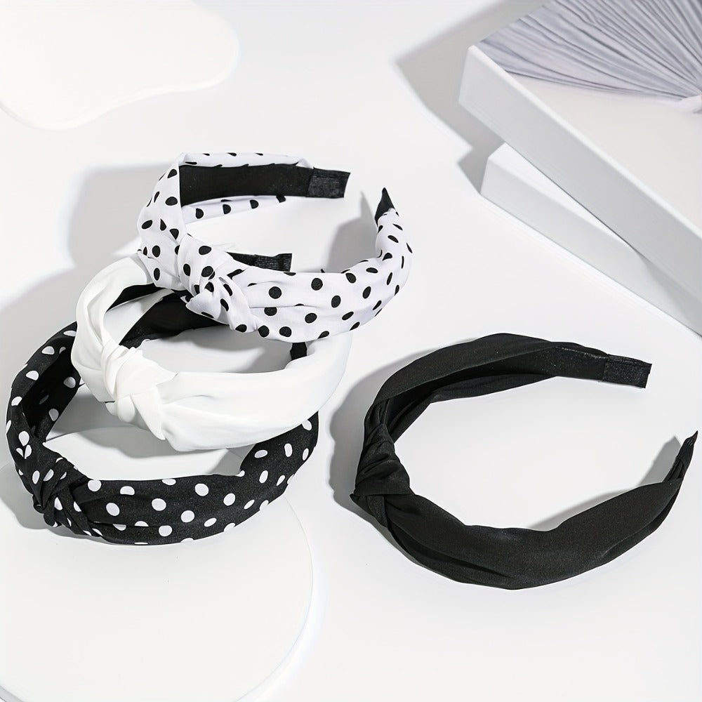 Headband for Women - Knotted for 4 Pack Wide Brimmed Polka Dot Hair Bands, Black & White Retro - product detail view 2