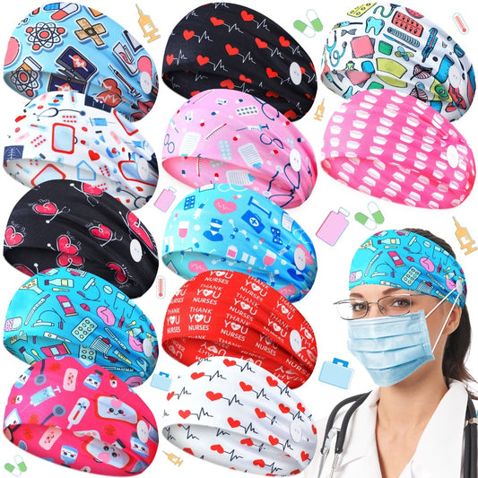 Headband for Women - Nurse with Buttons for 12 Pack Non-Slip Elastic Hair Bands for Mask, Ear - main product view