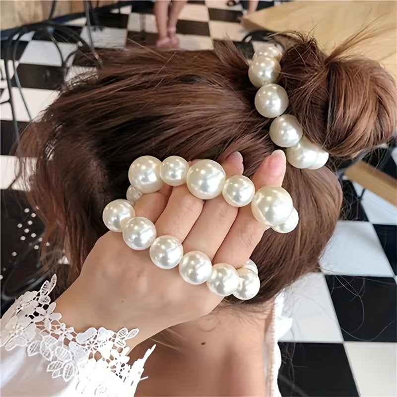 Headband for Women - Pearl 3pcs Set Elegant Imitation Pearl Elastic Hair Bands Multifunctional - product detail view 12
