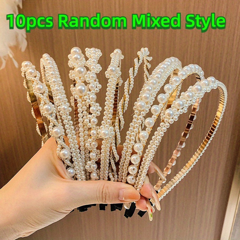 Headband for Women - Pearl Hair Bands 10pcs Set Elegant Imitation Pearl Hair Ties Mixed Styles - product detail view 31