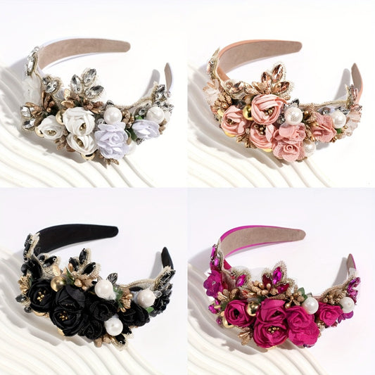 Headband for Women - Pearl Rhinestone for Baroque Floral Fabric Hair Band Sparkling Crystal - main product view
