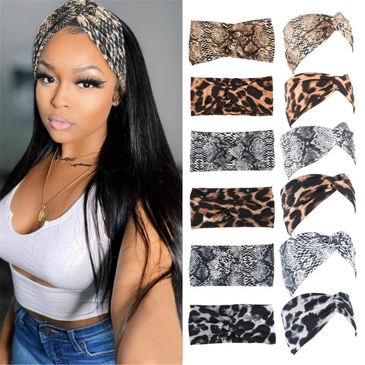 Headband for Women - Wide 6pcs Set Boho Leopard Print Elastic Twist Knotted Turban Style Bow - main product view