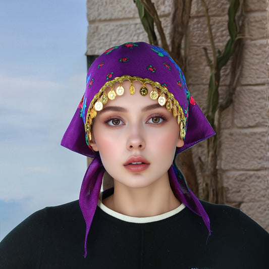 Headscarves & Bandanas - Peony Floral Headscarf with Golden Sequin Trim Lightweight Breathable - main product view