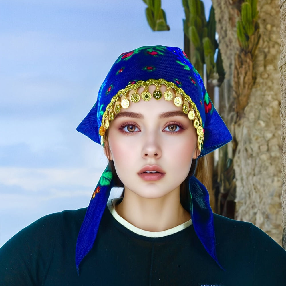 Headscarves & Bandanas - Peony Floral Headscarf with Golden Sequin Trim Lightweight Breathable - product detail view 5