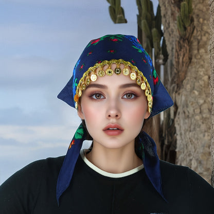 Headscarves & Bandanas - Peony Floral Headscarf with Golden Sequin Trim Lightweight Breathable - product detail view 7