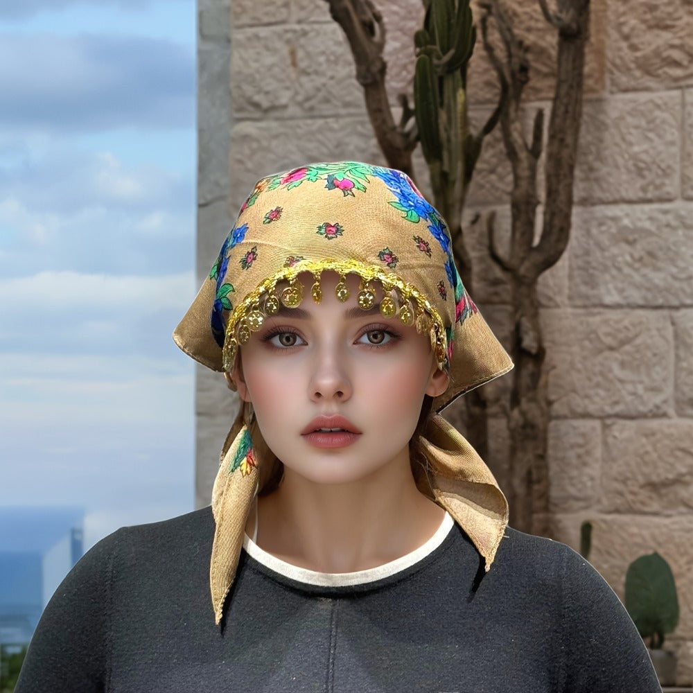 Headscarves & Bandanas - Peony Floral Headscarf with Golden Sequin Trim Lightweight Breathable - product detail view 12