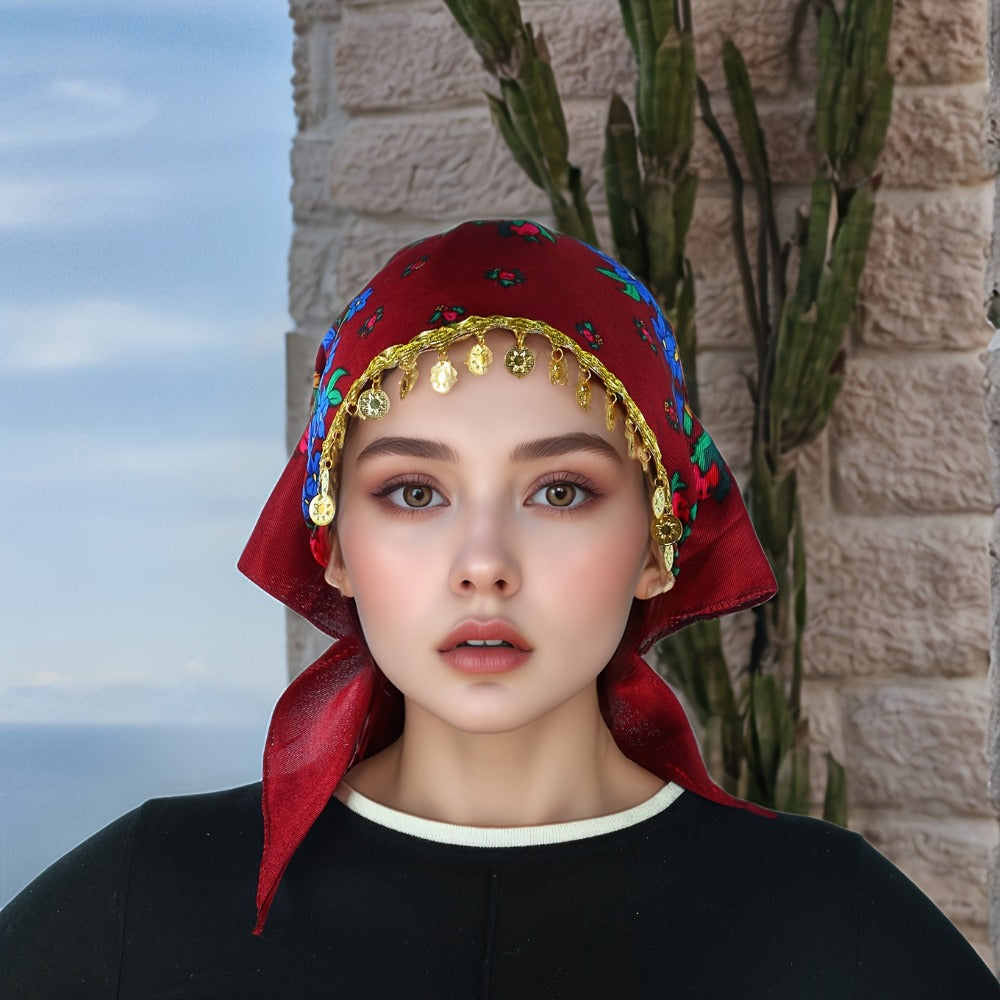 Headscarves & Bandanas - Peony Floral Headscarf with Golden Sequin Trim Lightweight Breathable - product detail view 22