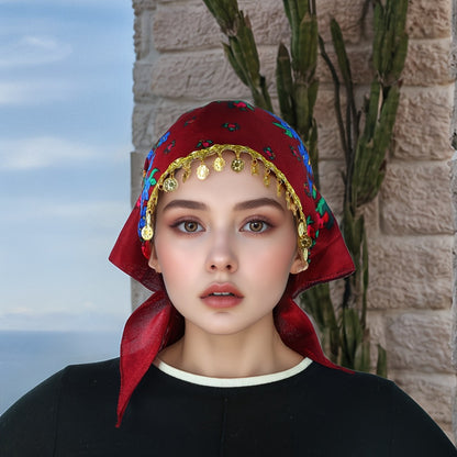 Headscarves & Bandanas - Peony Floral Headscarf with Golden Sequin Trim Lightweight Breathable - product detail view 22