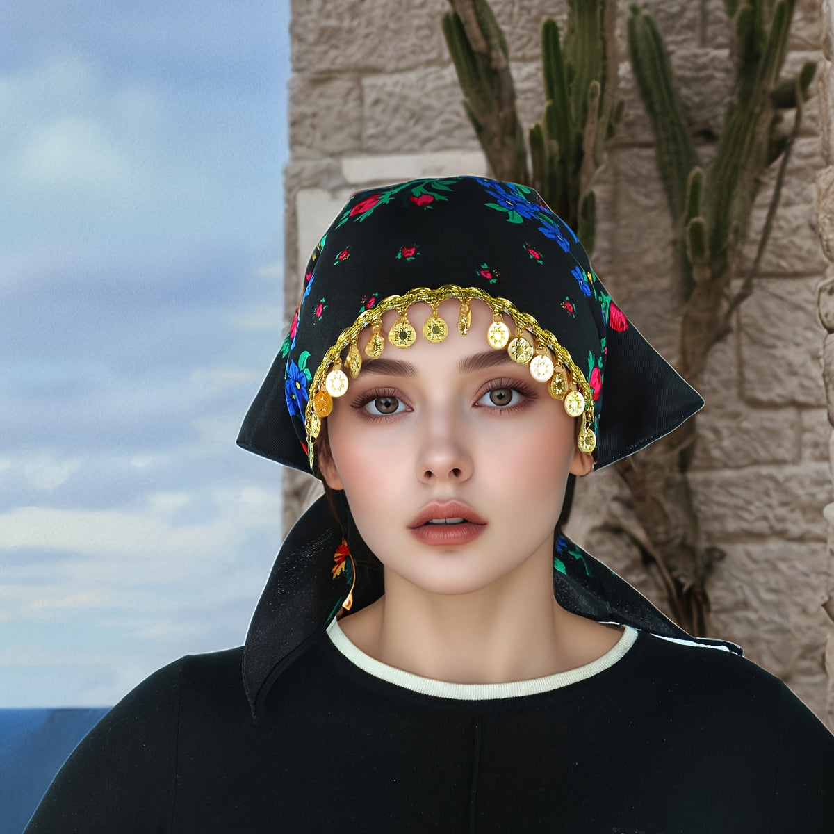 Headscarves & Bandanas - Peony Floral Headscarf with Golden Sequin Trim Lightweight Breathable - product detail view 27