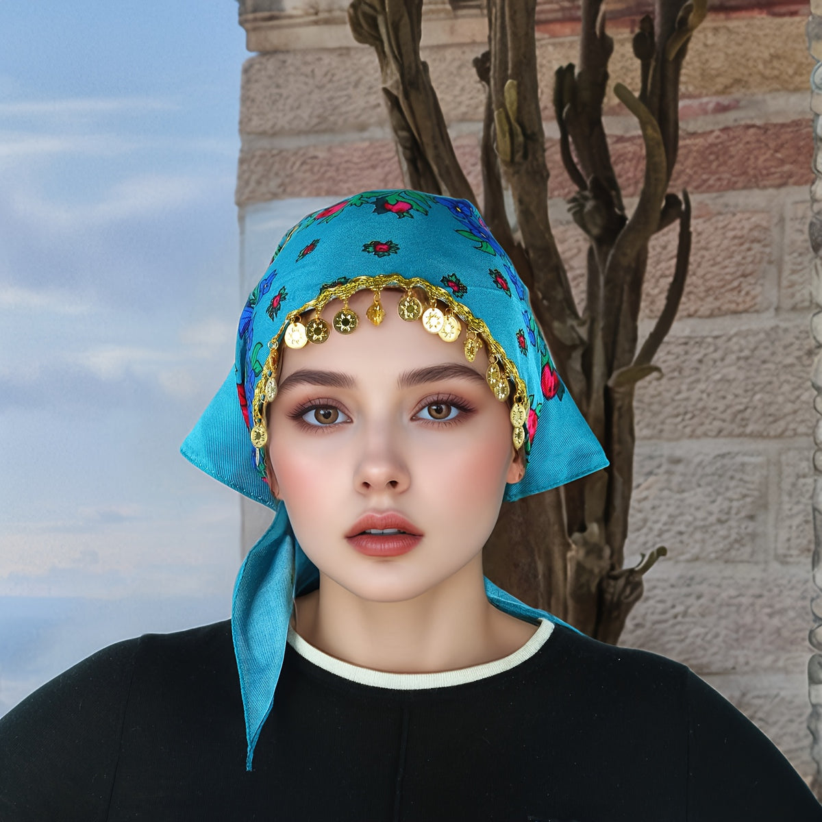 Headscarves & Bandanas - Peony Floral Headscarf with Golden Sequin Trim Lightweight Breathable - product detail view 28