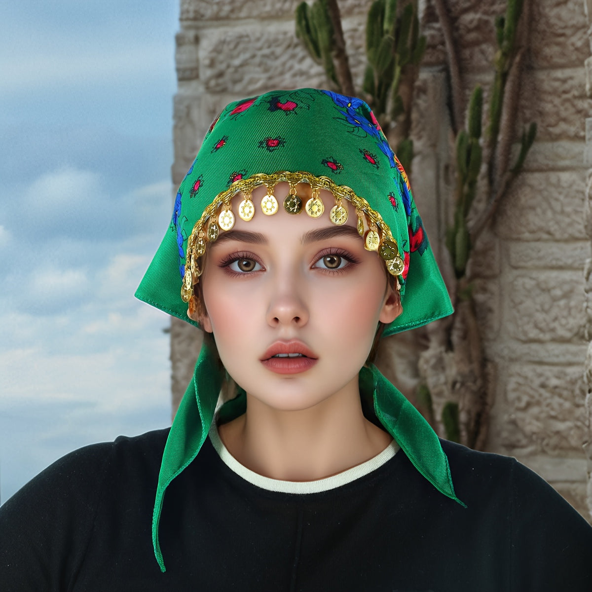 Headscarves & Bandanas - Peony Floral Headscarf with Golden Sequin Trim Lightweight Breathable - product detail view 32