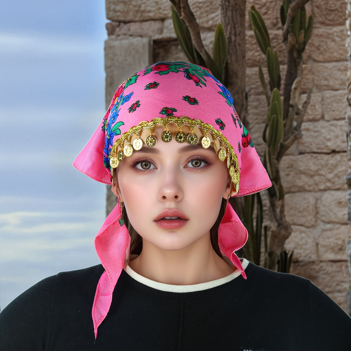 Headscarves & Bandanas - Peony Floral Headscarf with Golden Sequin Trim Lightweight Breathable - product detail view 33