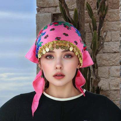 Headscarves & Bandanas - Peony Floral Headscarf with Golden Sequin Trim Lightweight Breathable - product detail view 33