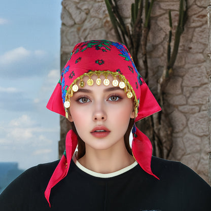 Headscarves & Bandanas - Peony Floral Headscarf with Golden Sequin Trim Lightweight Breathable - product detail view 34