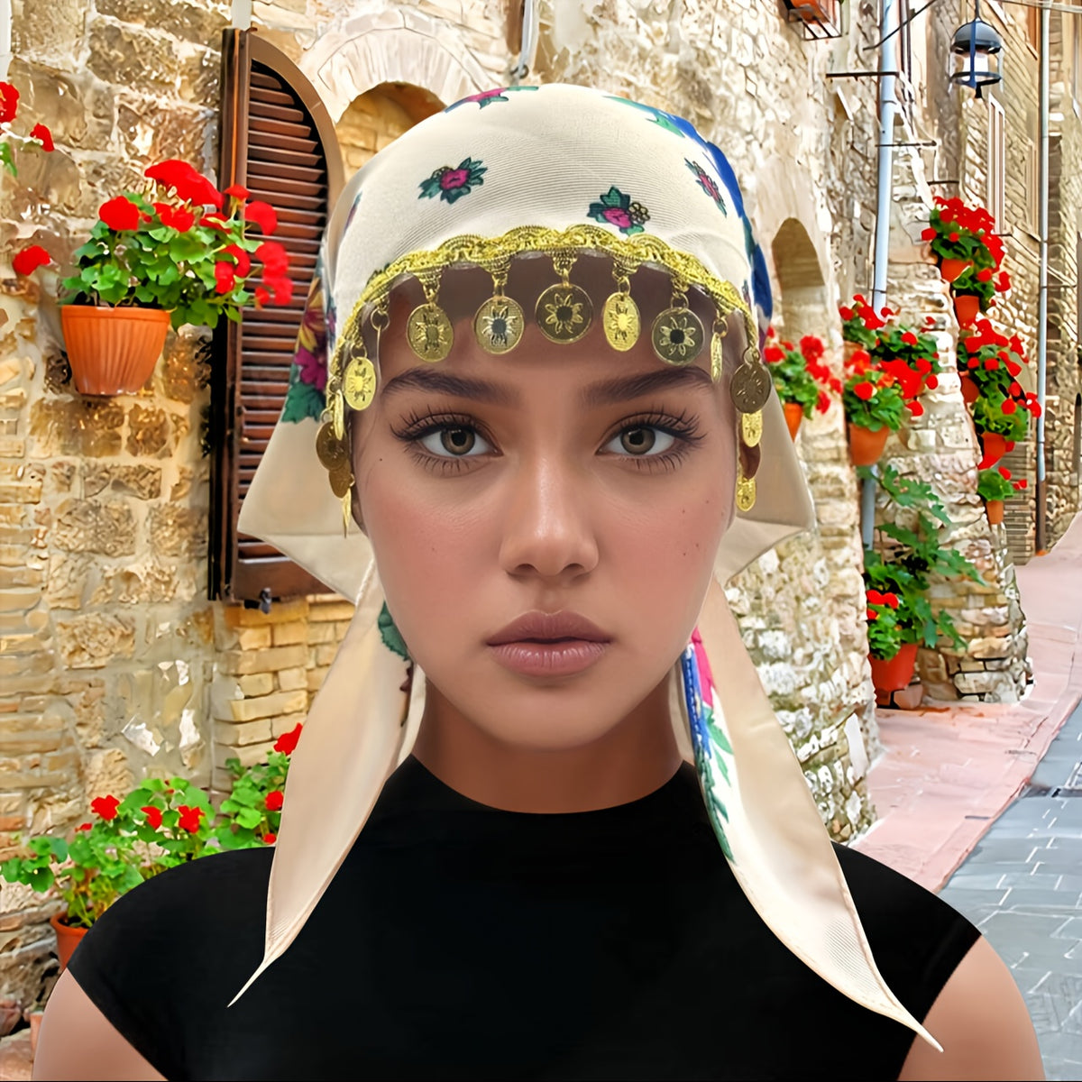 Headscarves & Bandanas - Peony Floral Headscarf with Golden Sequin Trim Lightweight Breathable - product detail view 35