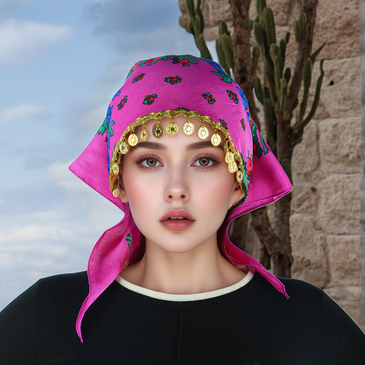Headscarves & Bandanas - Peony Floral Headscarf with Golden Sequin Trim Lightweight Breathable - product detail view 36