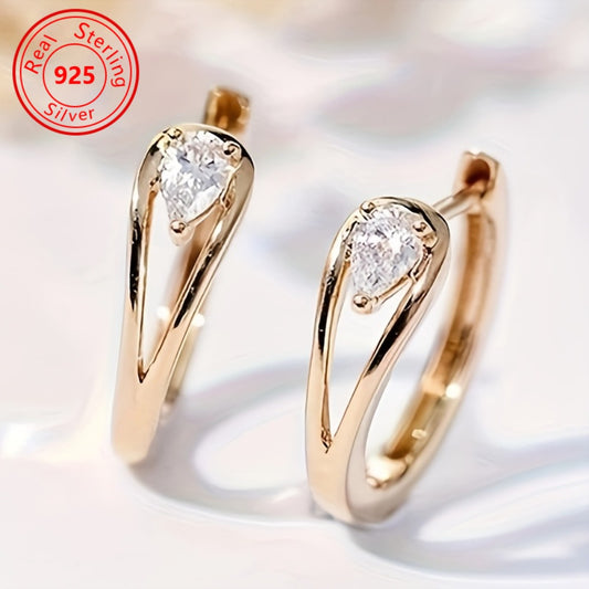 Hoop Earrings for Women - 925 Silver Curved CZ Hoop, Teardrop Accent - 925 silver detail
