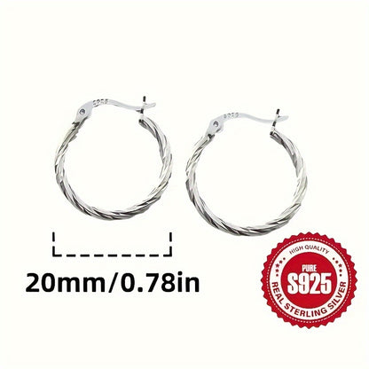 Hoop Earrings for Women - 925 Silver Geometric Twist Hoop, 2 Pairs - size chart 20mm/0.78in S925