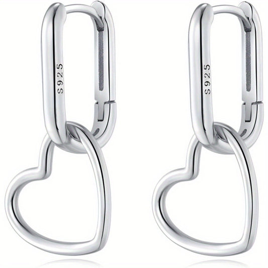 Hoop Earrings for Women - 925 Silver Heart Drop Hoop, Rectangular Link Style - 925 silver detail
