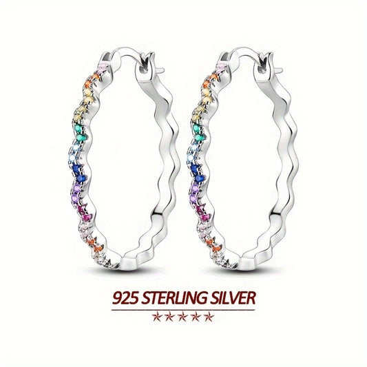 Hoop Earrings for Women - 925 Sterling Silver for - Large 1.18" Colorful Cubic Zirconia Pave - main product view