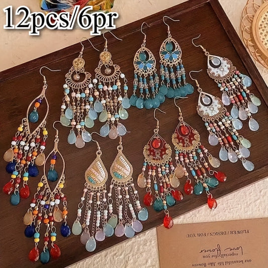 Hoop Earrings for Women - Boho Set 6 Pairs Bohemian Tassel Dangle with Teardrop & Round Beads - main product view
