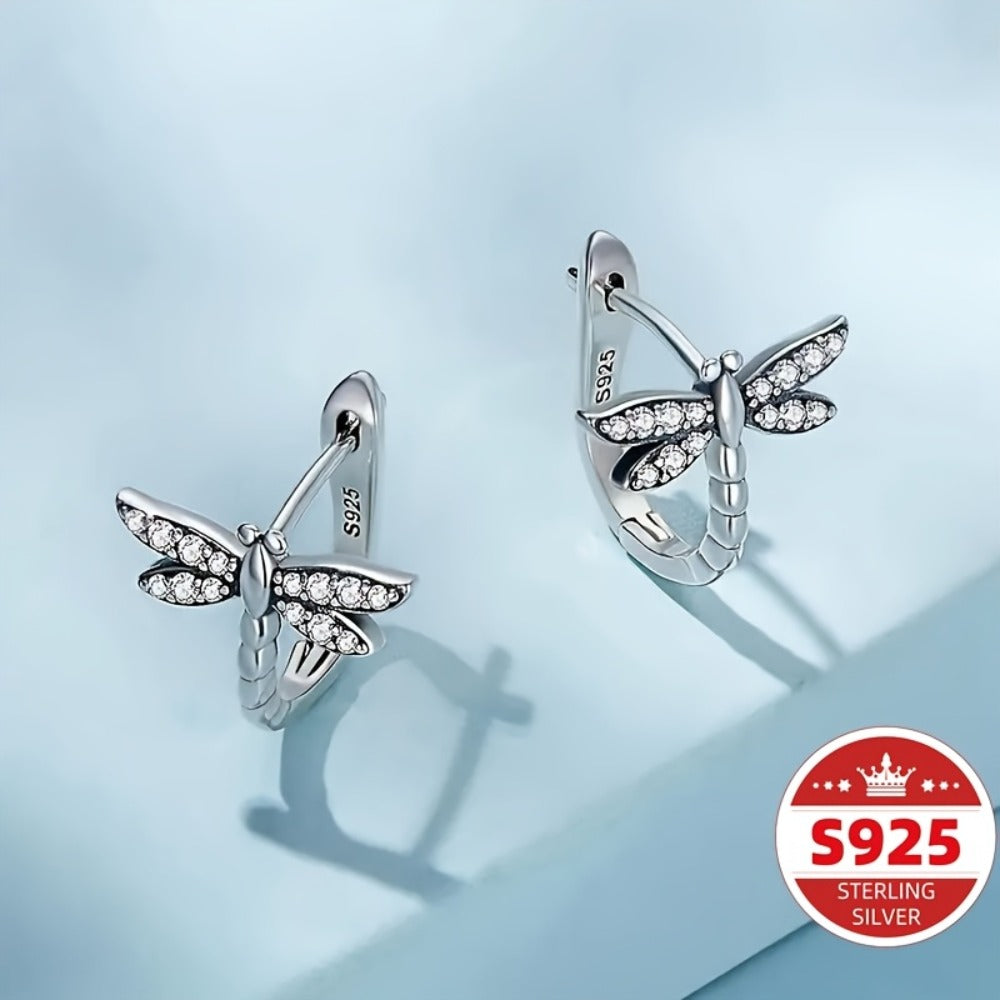 Hoop Earrings for Women - Dragonfly S925 Sterling Silver - Zirconia Inlaid Cute Nature Inspired - product detail view 3
