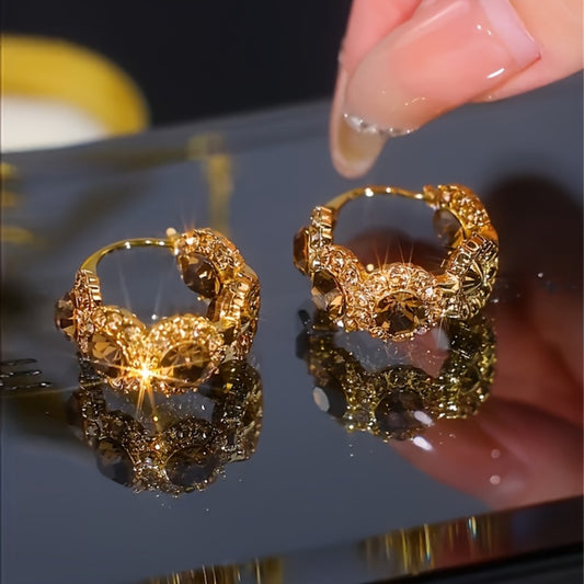 Hoop Earrings for Women - Gold with Oval Zirconia - French Vintage Style Sparkling CZ Inlaid for - main product view