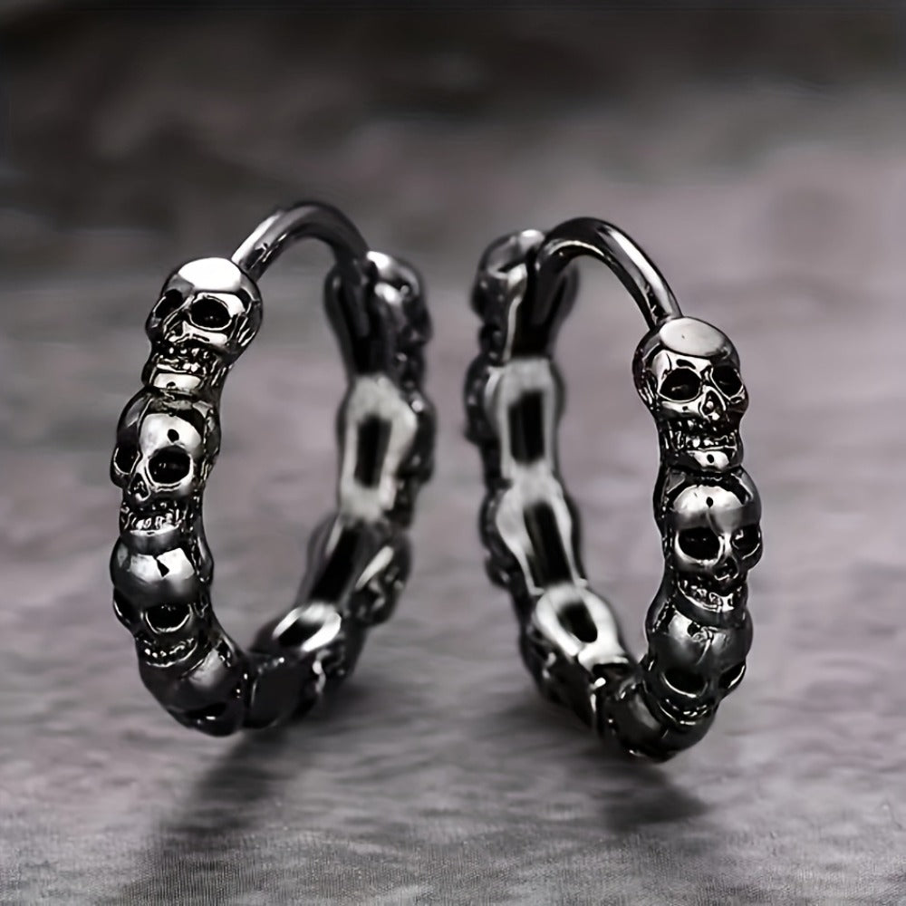 Hoop Earrings for Women - Gothic Skull Anti-Allergy Unisex Circular , Black, Bold Statement Jewelry - product detail view 4