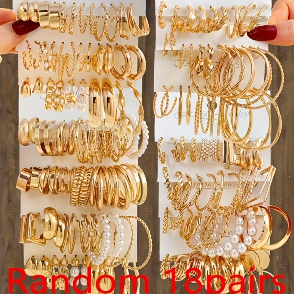 Hoop Earrings for Women - Set 18 Pairs Imitation Pearl, Heart, Twisted & Geometric Mixed Styles for - product detail view 2