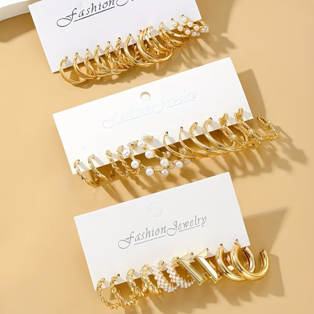 Hoop Earrings for Women - Set 18 Pairs Imitation Pearl, Heart, Twisted & Geometric Mixed Styles for - product detail view 3