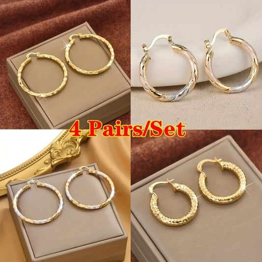 Hoop Earrings for Women - Set 4 Pairs 14K Gold Plated Vintage Bohemian Twisted Creole Nickel-Free - main product view