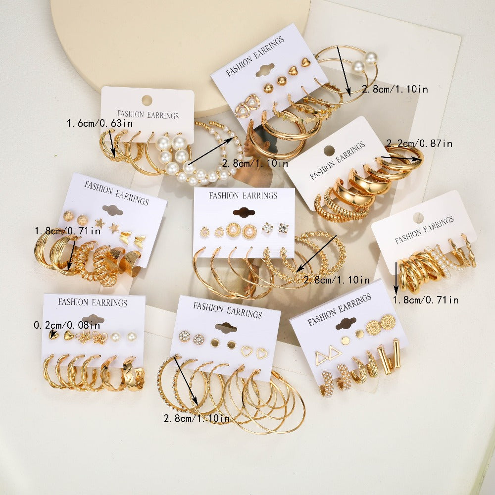 Hoop Earrings for Women - Set 90pcs for Vintage Pearl Geometric Heart Butterfly Star Twisted Wide - product detail view 7
