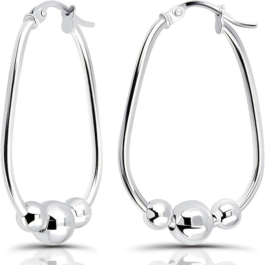 Hoop Earrings for Women - Sterling Silver Bead for - S925 Three-Bead Ring Drop 18mm, Elegant Pendant - main product view